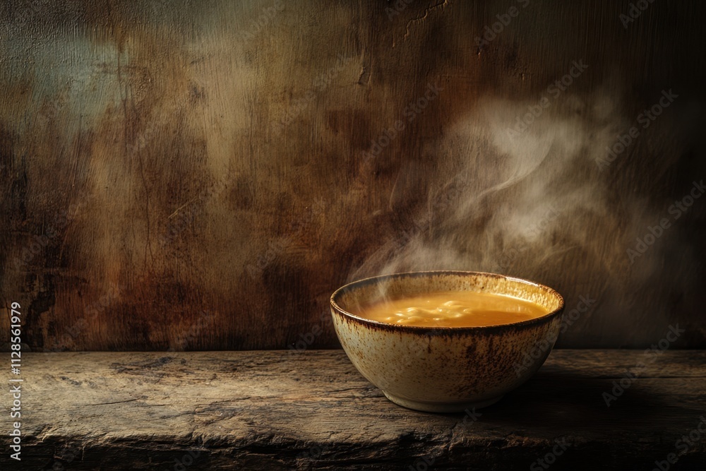 Steaming bowl of delicious autumnal soup on rustic wood