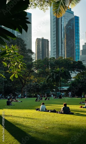 City park relaxation amidst towering skyscrapers in the evening light
