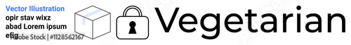 Vegetarian word in black with a black lock icon, blue and black placeholder text, and geometric box. Ideal for food branding, dietary icons, secure food, health apps, vegetarian menus, website