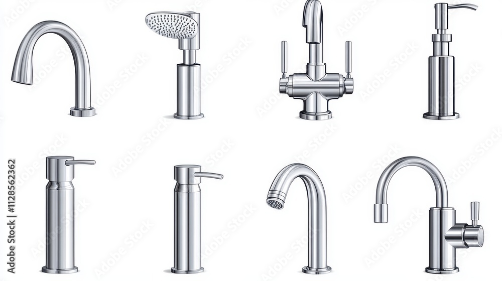vector illustration of a realistic chrome water tap collection set of aqua plumbing accessories for the kitchen and bathroom isolated on white stainless househol vector illustration of a realistic chrome water tap collection set of aqua plumbing accessories for the kitchen and bathroom isolated on white stainless househol