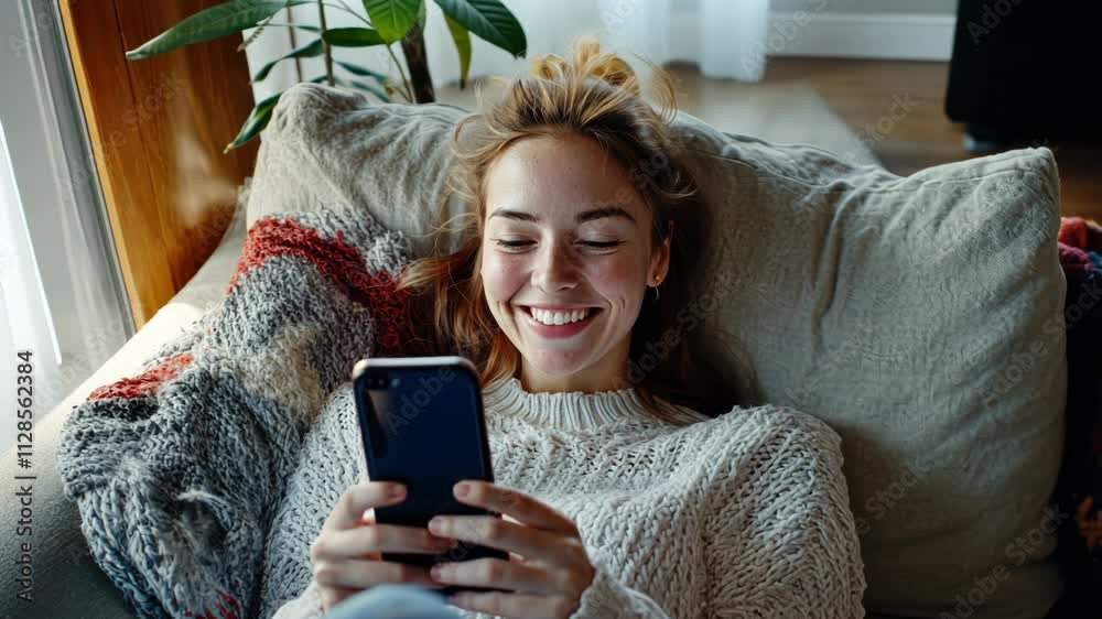 Woman is sitting on a couch and smiling while looking at her cell phone. She is enjoying herself and is likely checking her messages or browsing social media