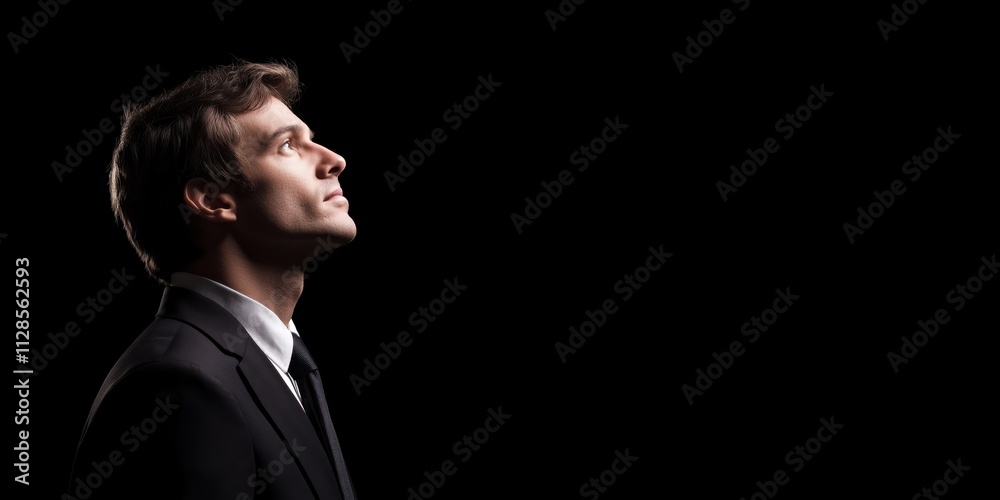 A thoughtful man in formal attire gazes upward against a dark backdrop, expressing ambition, aspiration, and an optimistic perspective on future possibilities. A thoughtful man in formal attire gazes upward against a dark backdrop, expressing ambition, aspiration, and an optimistic perspective on future possibilities.