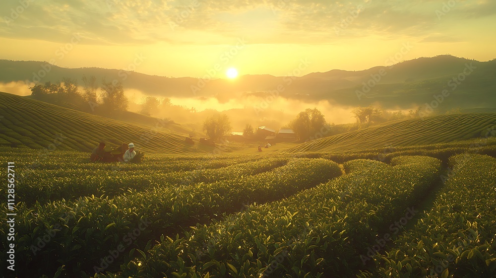 A wide-angle view of a green tea plantation during harvest, with rows of vibrant tea plants, farmers at work under the golden rays of the rising sun, and distant hills shrouded in mist. --ar 16:9 A wide-angle view of a green tea plantation during harvest, with rows of vibrant tea plants, farmers at work under the golden rays of the rising sun, and distant hills shrouded in mist. --ar 16:9