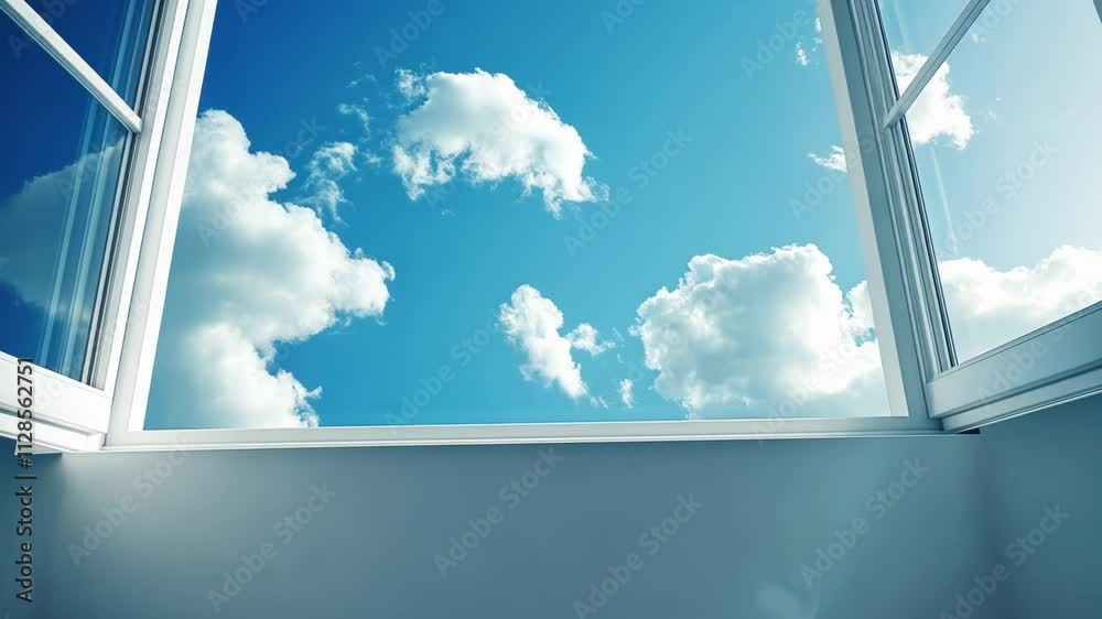 Window with a blue sky and clouds outside. The sky is clear and bright, and the clouds are fluffy and white. The window is open, allowing a view of the outside world. The scene is peaceful Window with a blue sky and clouds outside. The sky is clear and bright, and the clouds are fluffy and white. The window is open, allowing a view of the outside world. The scene is peaceful