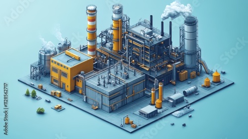 vector illustration of industrial buildings with isometric icons featuring boiler plant and power line component