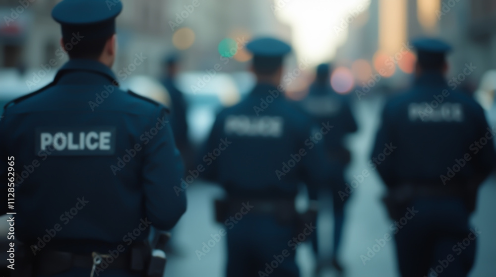 Fototapeta premium Police at night on a city street, blurred image with a motion effect