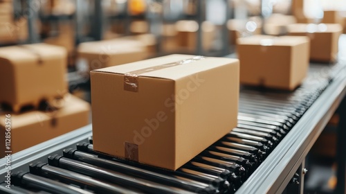 Cardboard Box on Conveyor Belt, Warehouse Logistics