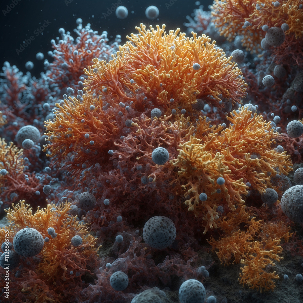 Fototapeta premium High-detail microorganisms, bacteria and fungi in biofilm clusters, soft realistic textures, dynamic interaction scene