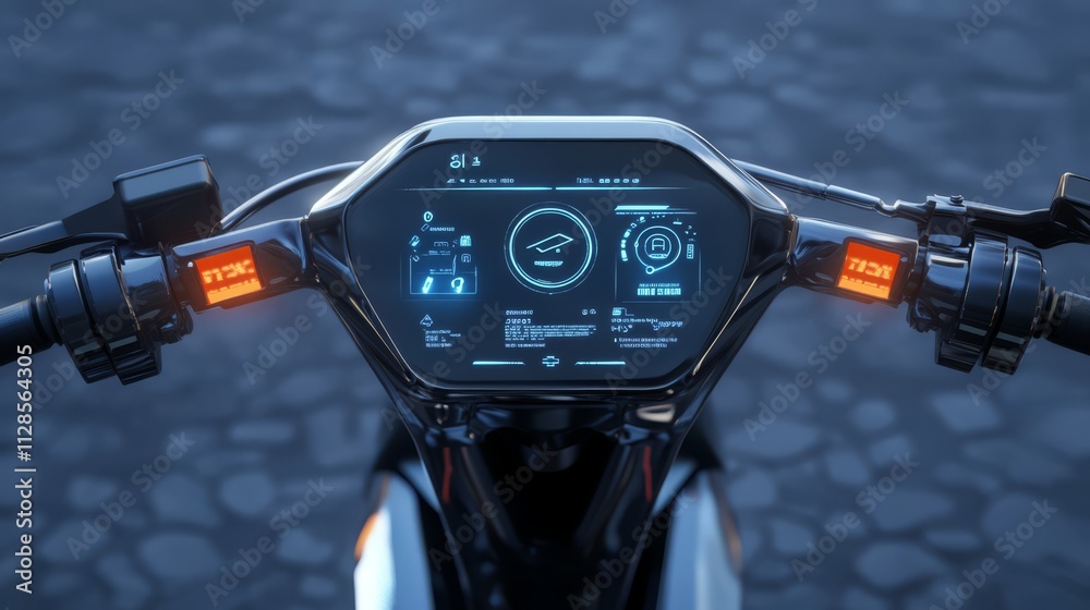 Futuristic motorcycle dashboard with digital display.