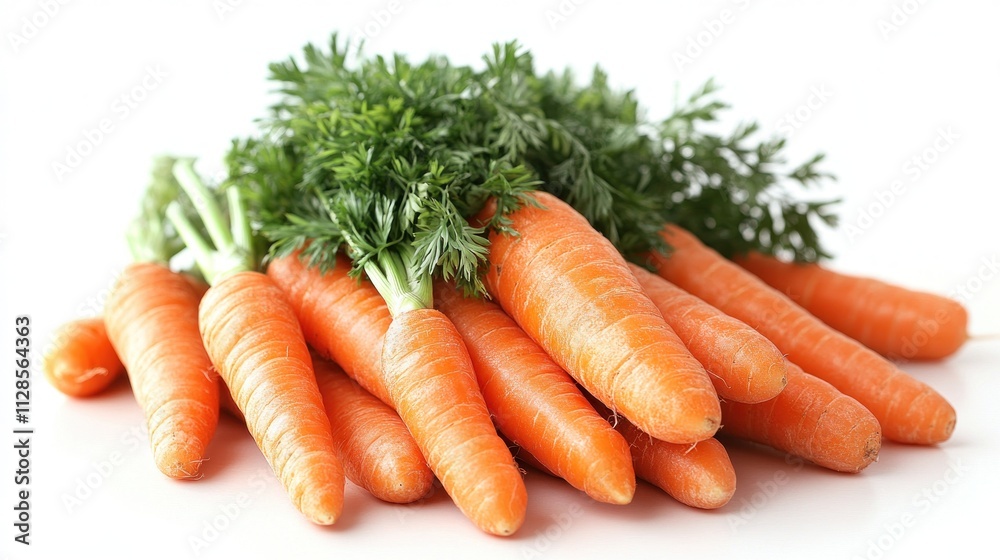 A group of baby carrots with their tops trimmed, scattered casually across a white surface for a natural presentation A group of baby carrots with their tops trimmed, scattered casually across a white surface for a natural presentation