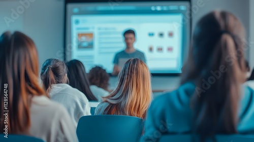 A photograph of an office presentation with students in the audience and one person standing at the front, showing data on a screen