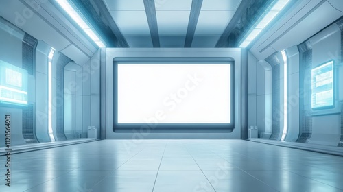 Fototapeta Naklejka Na Ścianę i Meble -  Futuristic spaceship corridor with blank screen.