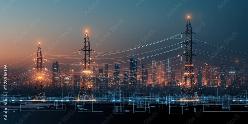 A skyline featuring illuminated power lines and city buildings against a twilight backdrop, showcasing energy production and urban development. A skyline featuring illuminated power lines and city buildings against a twilight backdrop, showcasing energy production and urban development.