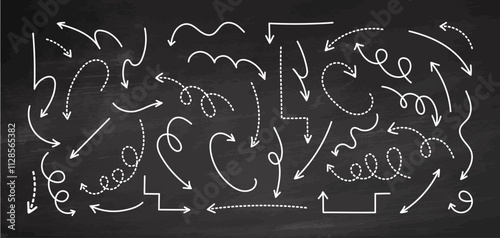 Hand-drawn chalkboard arrows and curved lines on black background