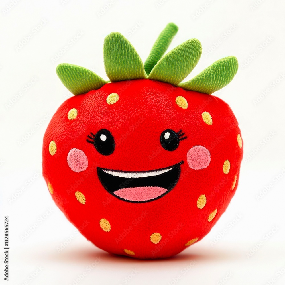 Obraz premium Cute smiling strawberry plush toy isolated on white background.