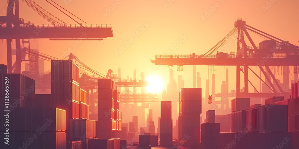 Industrial Port at Sunset with Shipping Containers Industrial Port at Sunset with Shipping Containers