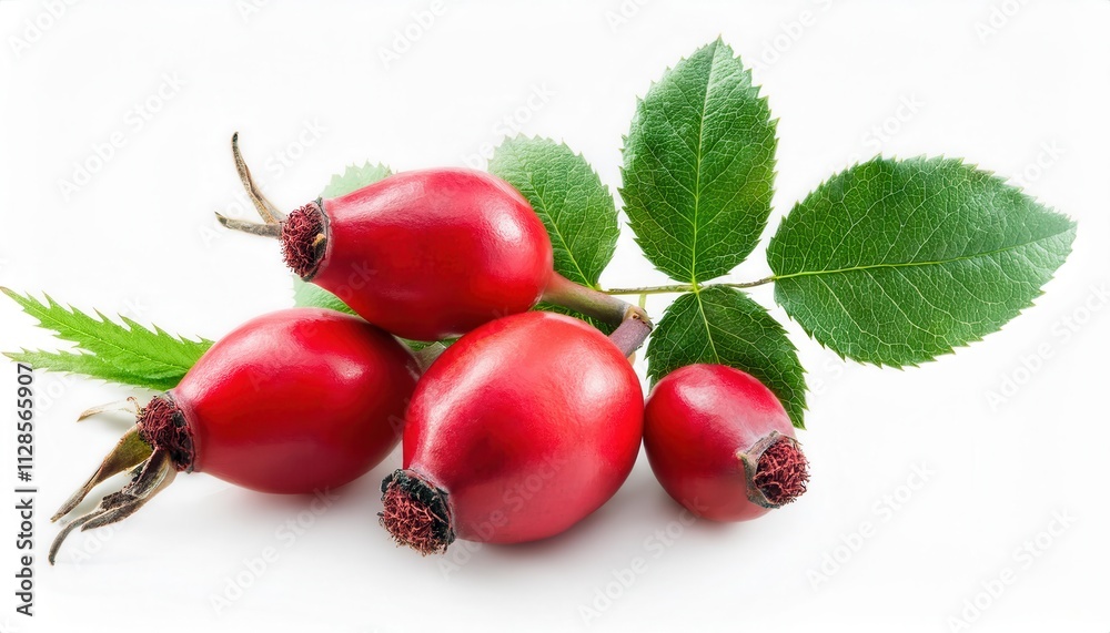 Close-Up of Bright Red Rosehips with Vibrant Green Leaves. Nutrient Rich Wild Rose Fruit Known for Its Use in Herbal Teas, Skincare Products, and Traditional Remedies Packed Vitamin C Antioxidants Close-Up of Bright Red Rosehips with Vibrant Green Leaves. Nutrient Rich Wild Rose Fruit Known for Its Use in Herbal Teas, Skincare Products, and Traditional Remedies Packed Vitamin C Antioxidants