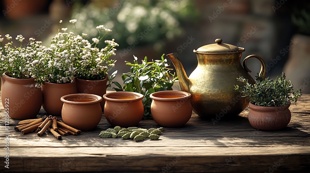 An Indian chai tea setup with clay kulhads (cups) and a brass kettle, accompanied by spices like cardamom and cinnamon, displayed on a rustic wooden surface, earthy tones. --ar 16:9 An Indian chai tea setup with clay kulhads (cups) and a brass kettle, accompanied by spices like cardamom and cinnamon, displayed on a rustic wooden surface, earthy tones. --ar 16:9