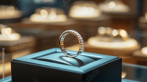 Diamond ring displayed in a jewelry store. photo