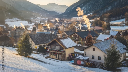 Serene Winter Village at Sunrise with Snow and Misty Mountains. Charming winter village bathed in soft sunlight, surrounded by snow-covered mountains and billowing chimney smoke. Ideal for s... photo