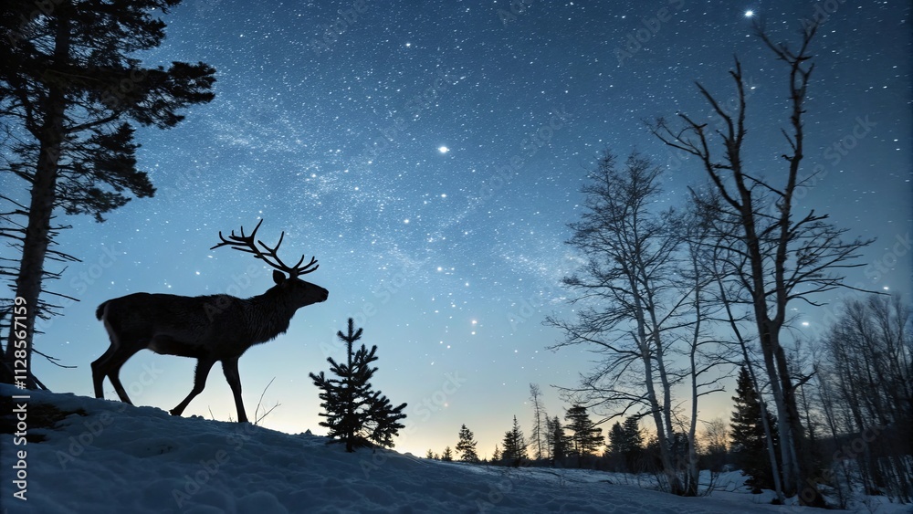 A deer is walking through a snowy forest at night A deer is walking through a snowy forest at night