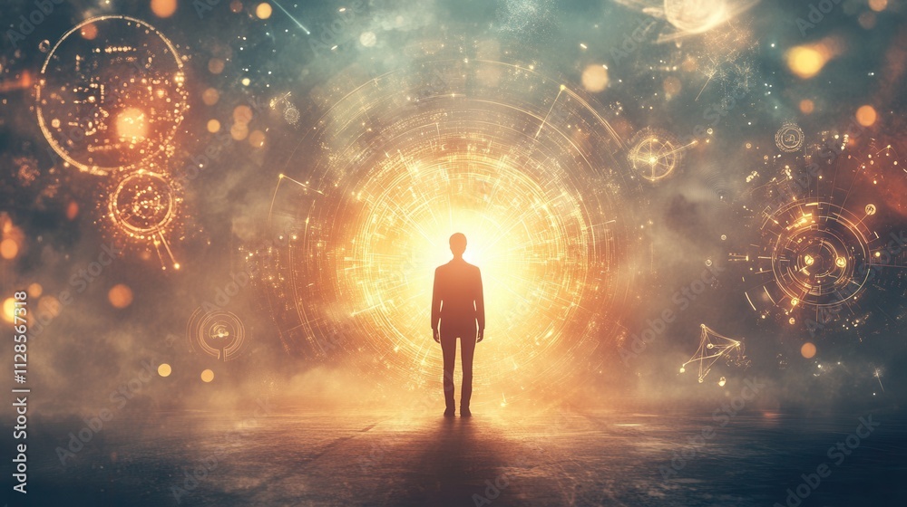 a person standing in a beam of light, surrounded by glowing symbols of creativity and ideas. a person standing in a beam of light, surrounded by glowing symbols of creativity and ideas.