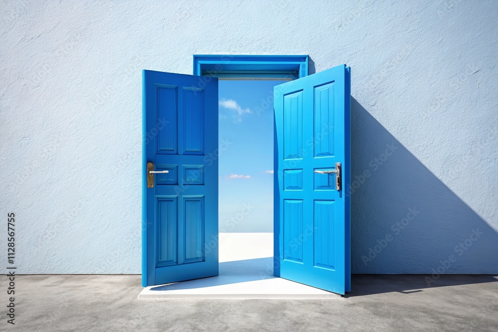 Aerial View of an Open Blue Door Isolated on a Clean White Background, Symbolizing Opportunity and New Beginnings for Creative Projects and Visual Storytelling
