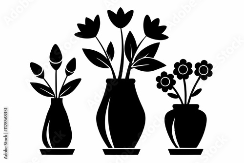 Vase flower icon vector silhouette. Realistic flat flower black silhouette white background
