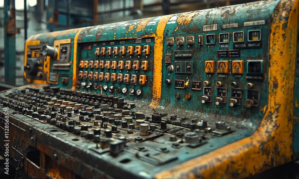 An old, worn industrial control panel with buttons and switches, showcasing vintage machinery.
