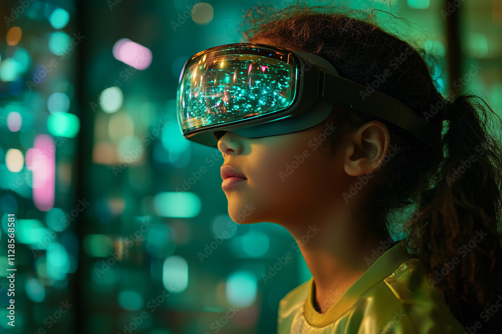 Child with AR Headset Interacting with Holographic Educational Content, Tech-Infused Environment, Green Background Child with AR Headset Interacting with Holographic Educational Content, Tech-Infused Environment, Green Background