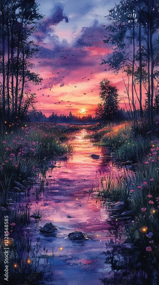 Serene Meadow at Dusk with Soft Stream Reflection Serene Meadow at Dusk with Soft Stream Reflection