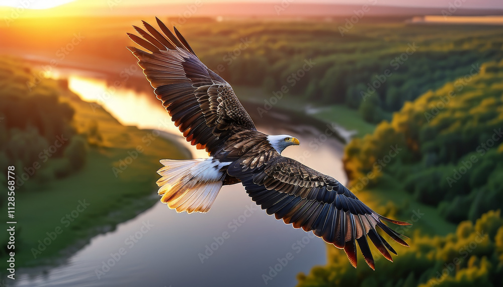 Fototapeta premium Free eagle in flight, brown and white, high above a winding river, sunset, lush greenery, reflecting the warm sunset hues, concept of freedom, symbol of America, bird, nature, wildlife