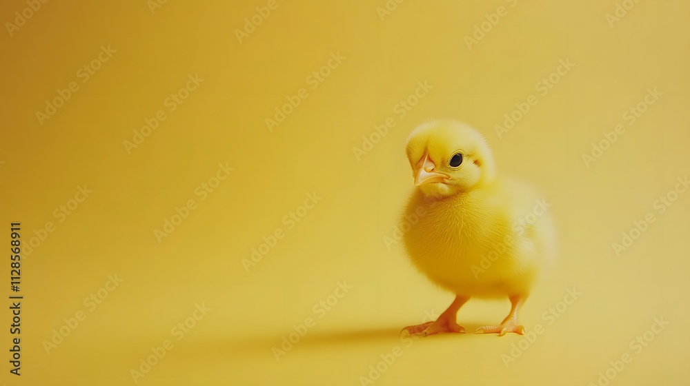 A baby chick with golden down standing on a pastel yellow background tilting its head inquisitively. A baby chick with golden down standing on a pastel yellow background tilting its head inquisitively.