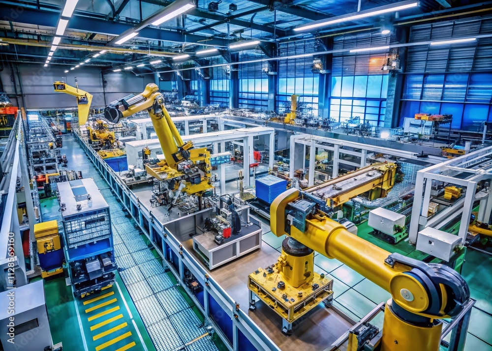 Aerial View of a Robot Efficiently Operating Complex Machinery in a High-Tech Industrial Workshop, Showcasing Automation and Innovation in Manufacturing Processes Aerial View of a Robot Efficiently Operating Complex Machinery in a High-Tech Industrial Workshop, Showcasing Automation and Innovation in Manufacturing Processes
