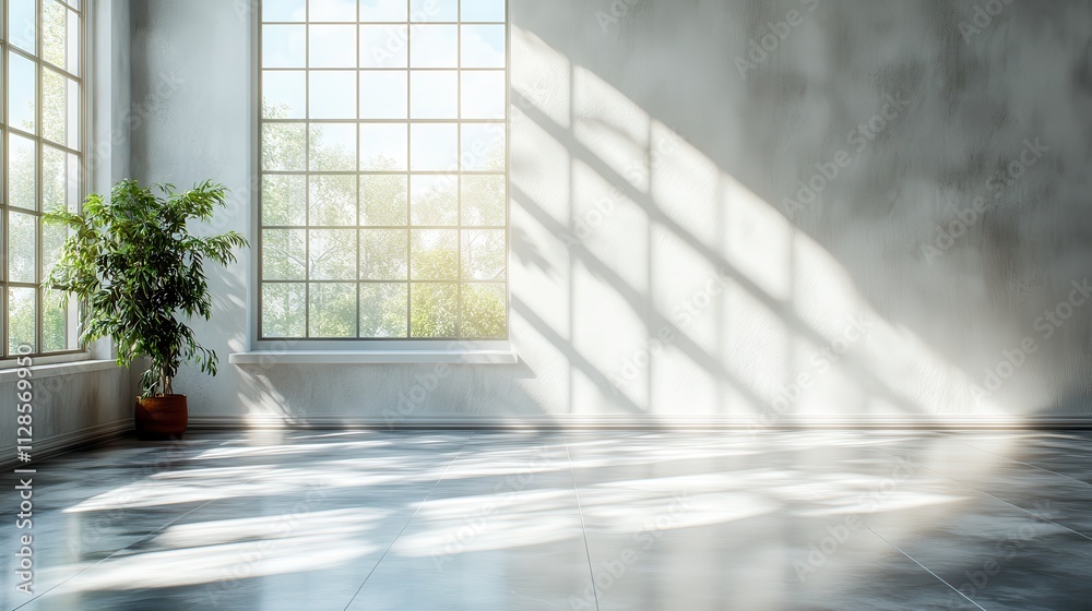 white empty room with window and rays of light cross shadow on the wall rendering white empty room with window and rays of light cross shadow on the wall rendering