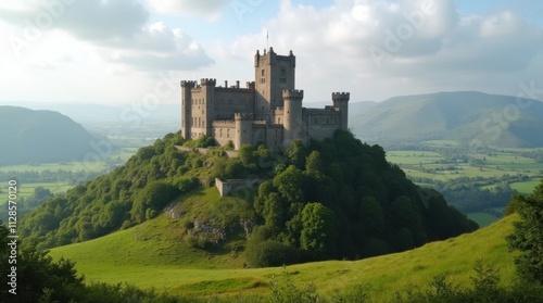 Historic Hilltop Castle Amidst Rolling Green Fields