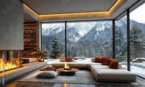 Cozy living room with a fireplace and mountain view, featuring modern furnishings and snow.