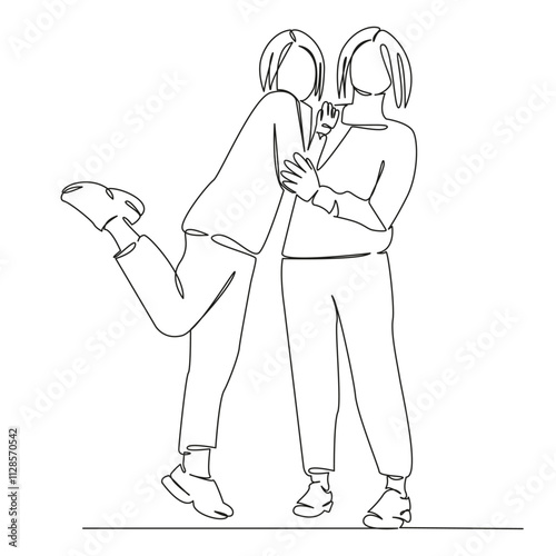 One continuous single drawing line art flat doodle person, woman, friends, friendship, lifestyle, best, fun, happy, young, adult. Isolated image hand draw contour on a white background, hand drawn, no