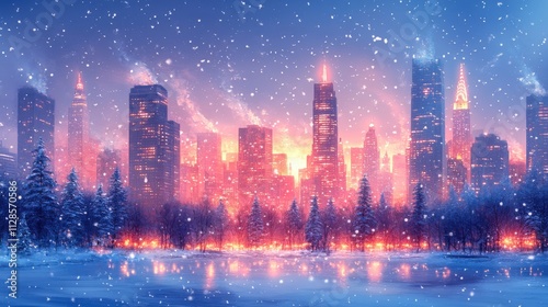 winter cityscape with skyscrapers and trees digital painting