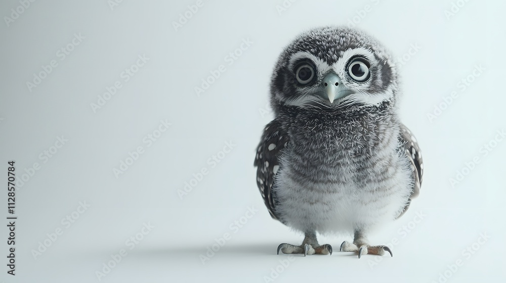 A baby owl perched on an invisible stand on a soft white background with its wide curious eyes focused ahead. A baby owl perched on an invisible stand on a soft white background with its wide curious eyes focused ahead.