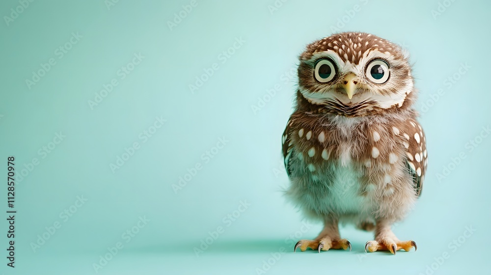 Obraz premium A baby owl with wide bright eyes perched on a pastel mint background tilting its head inquisitively.