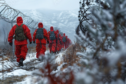 Prisoners walk along a snowy path near a barbed wire fence in a remote location during winter photo