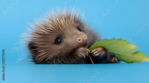 A baby porcupine with soft quills lying on its back on a sky blue background holding a small leaf. photo