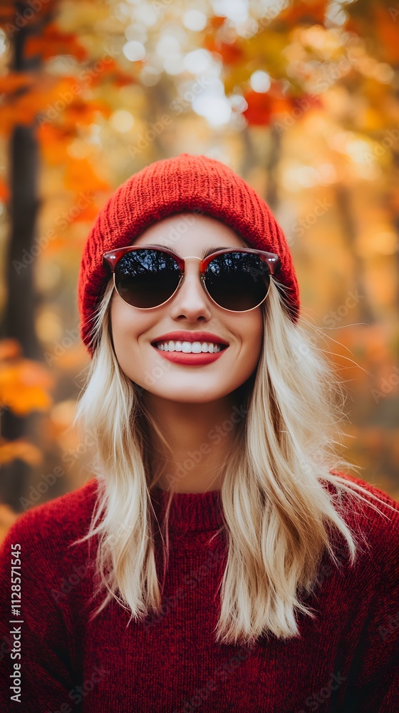 A blonde woman wearing sunglasses and red beanie smiling in autumn, with fall foliage background A blonde woman wearing sunglasses and red beanie smiling in autumn, with fall foliage background