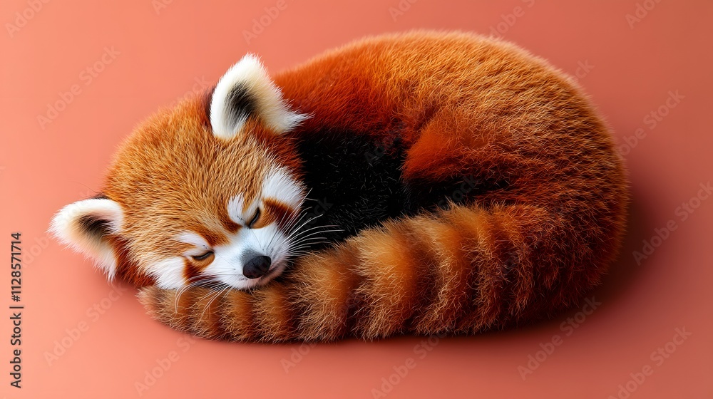 Obraz premium A baby red panda curled up on a bright coral background with its striped tail wrapped around its tiny body.