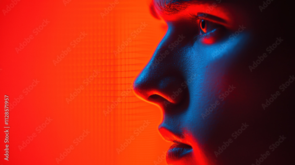 A striking profile of a young person illuminated by vibrant red and blue lights, showcasing emotions and expression. A striking profile of a young person illuminated by vibrant red and blue lights, showcasing emotions and expression.