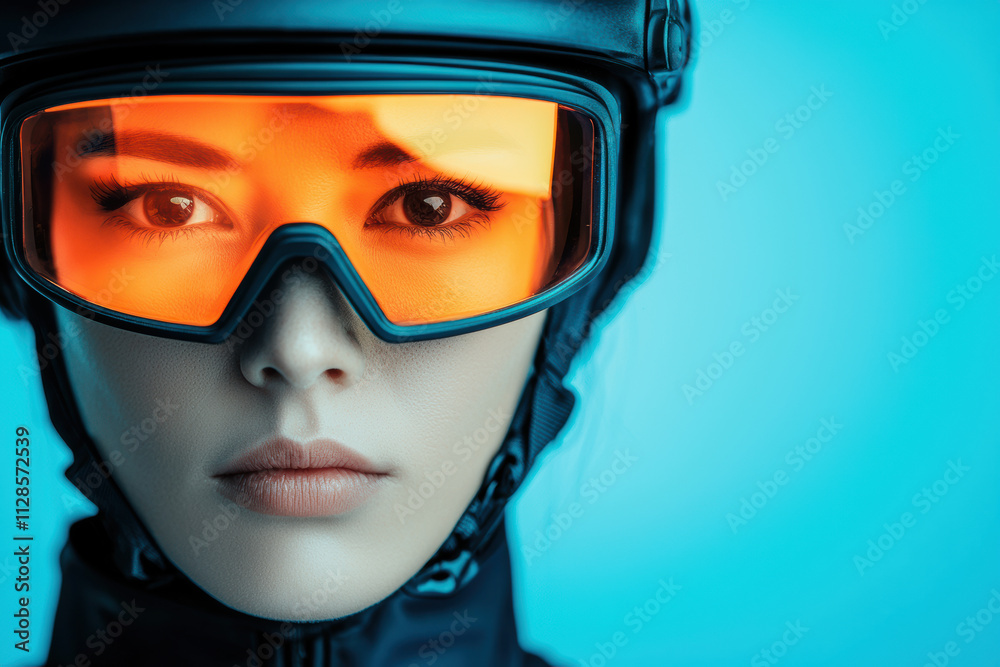 A close-up of a determined female athlete wearing protective gear and goggles, ready for an outdoor adventure.