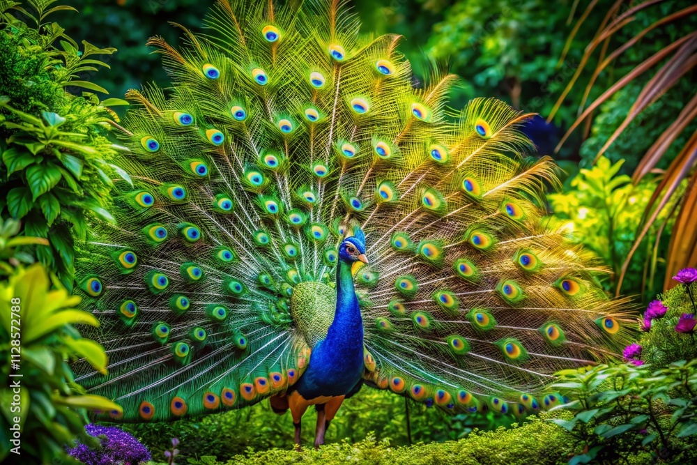 Obraz premium Aerial View of a Vibrant Peacock Showcasing Iridescent Feathers Surrounded by Lush Green Foliage in a Serene Botanical Garden Setting