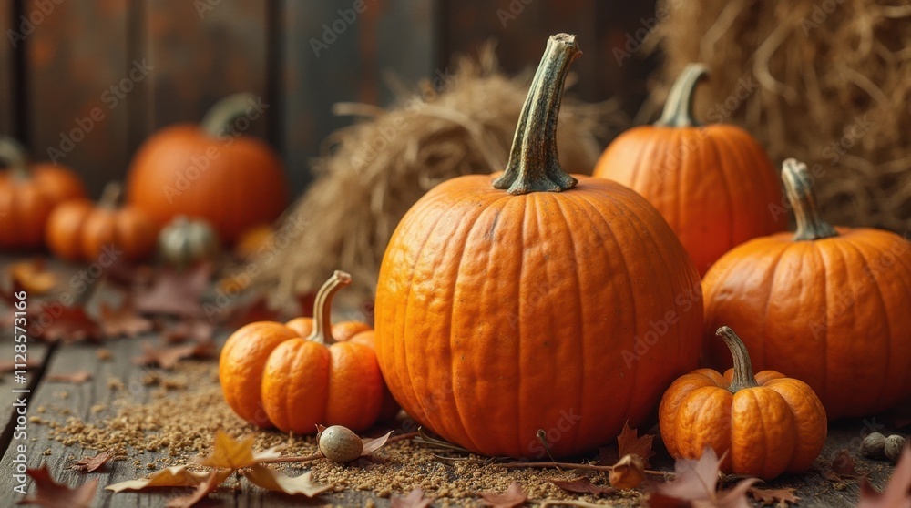 Rustic Autumn Harvest Scene with Pumpkins and Hay Bales Rustic Autumn Harvest Scene with Pumpkins and Hay Bales