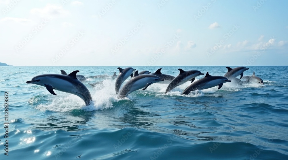 Fototapeta premium Dolphins Leaping at Horizon